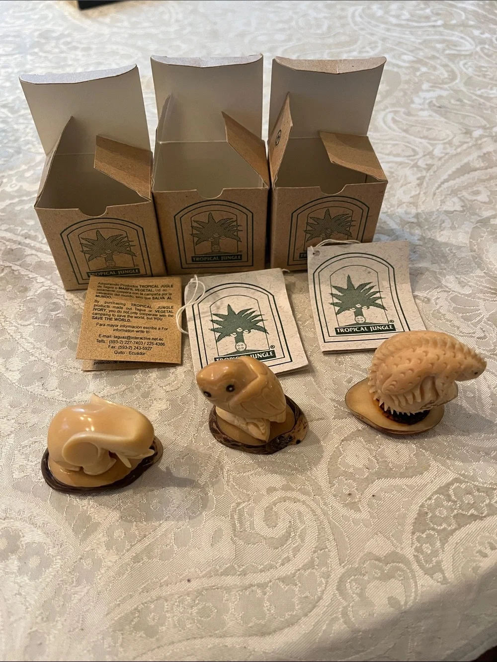 Habitat Figurine Set - 3 Hand Carved Tagua Nut Ecologically Ivory Animals/Bases